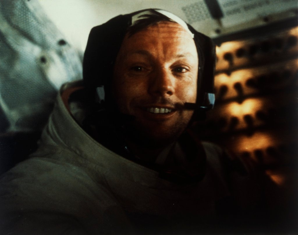 Detail of Commander Neil Armstrong in the Lunar Module on the Moon, Apollo 11 mission, July 1969 by Buzz Aldrin