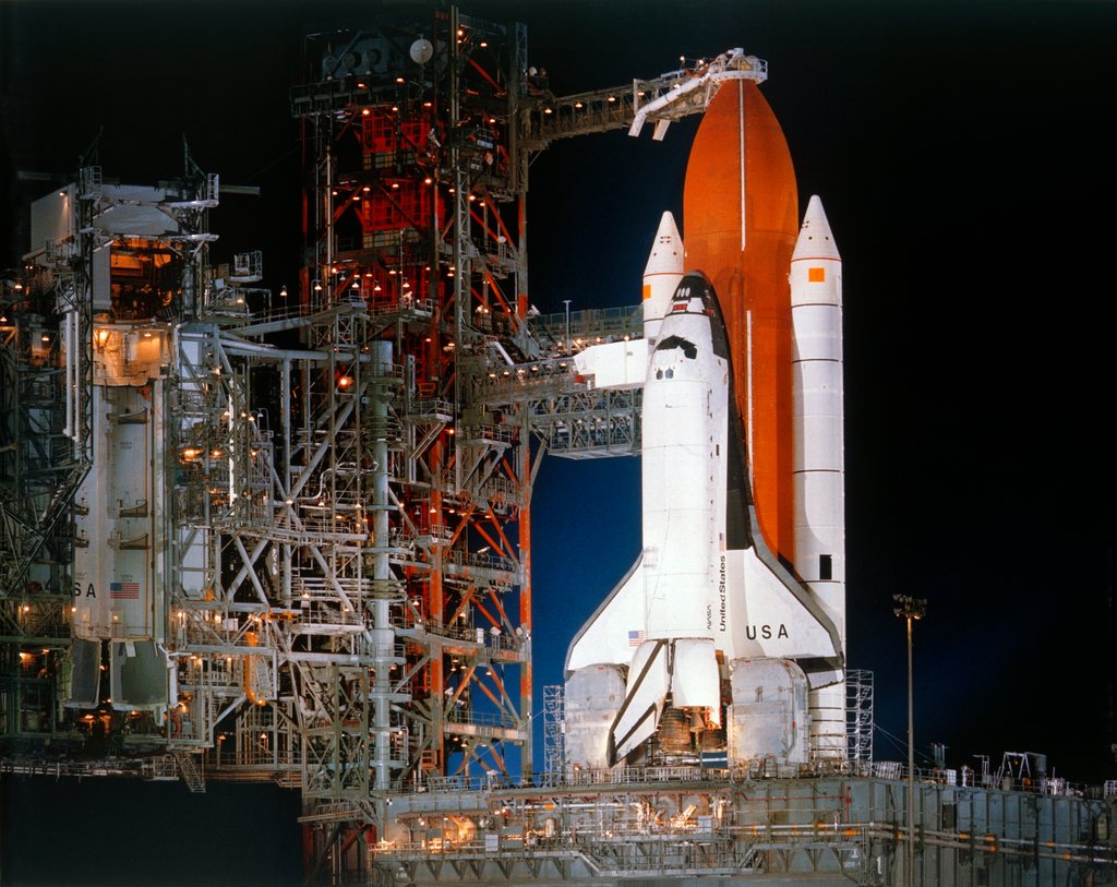 Detail of Space Shuttle 'Columbia' on launch pad, Kennedy Space Center, Florida, USA, March 1982 by NASA