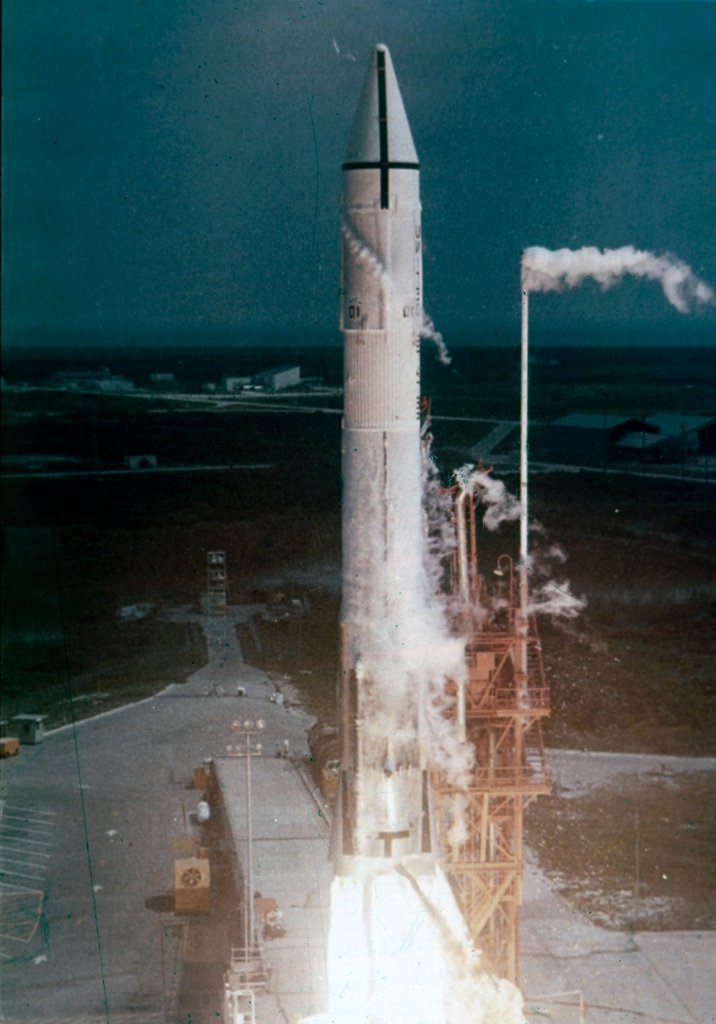Detail of Atlas-Centaur rocket lifting off, Cape Canaveral Air Force Station, Florida, USA by NASA