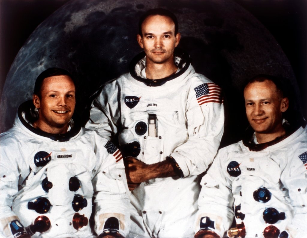 Detail of Neil Armstrong, Michael Collins and Buzz Aldrin, crew of Apollo 11, 1969 by NASA