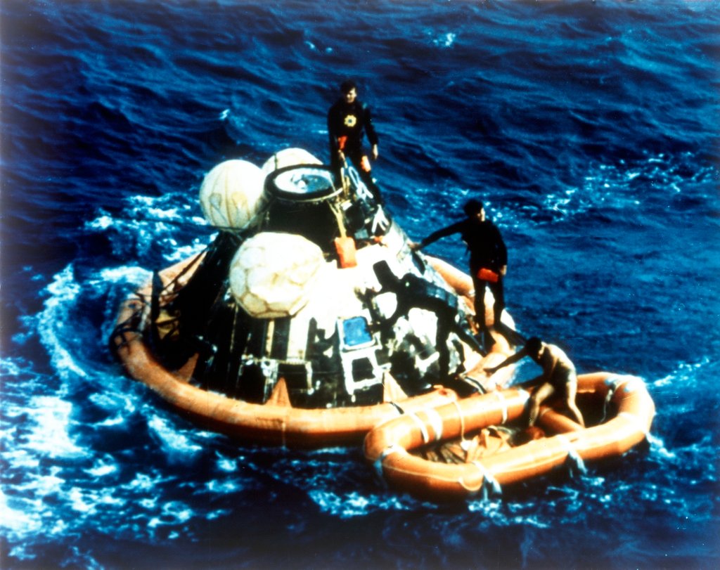 Recovery of command module 'Columbia' in the Pacific Ocean, Apollo II mission, 24 July 1969 by NASA