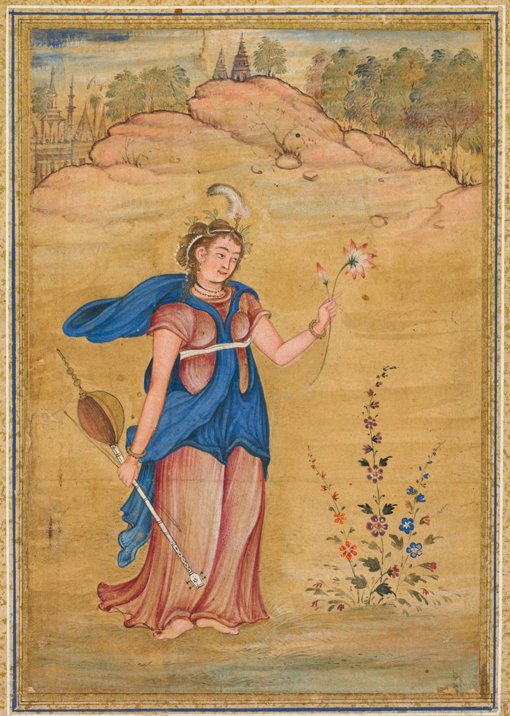 Detail of A female figure standing in a landscape holding a four-stringed 'khuuchir' and a lotus, c. 1590 by Unknown