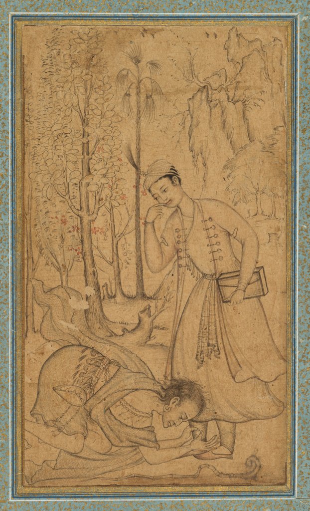 Detail of A Holy Man Prostrating Himself Before a Learned Prince, c. 1585; border added probably 1700s by Manohar and Basavana (attributed to)