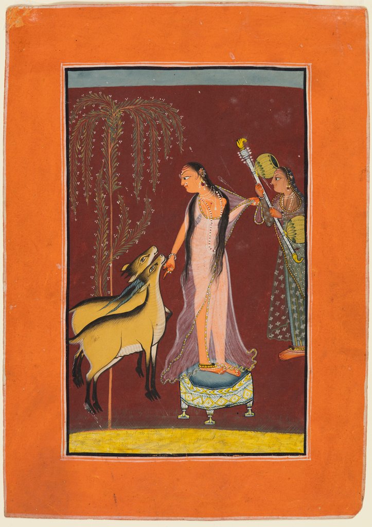 Detail of A Lady with Attendant and a Pair of Deer, probably Gujari Ragini of Dipak, from a Pahari Ragamala, 1 by Unknown