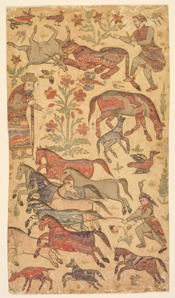 Detail of A marbled picture of Rustam catching Rakhsh, c. 1650 by Shafi (attributed to)