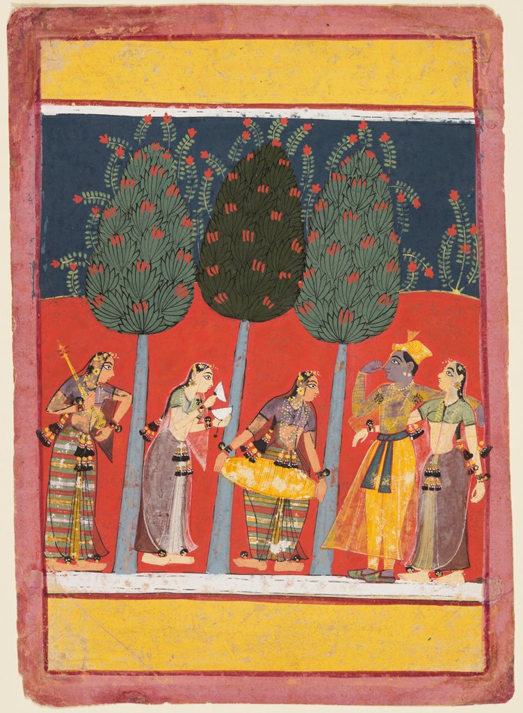 Detail of A page from a Rasikapriya series: Krishna and Radha and the Sakhis with musical instruments, c. 1650 by Unknown