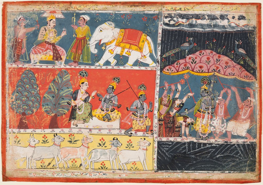 Detail of A page from the Bhagavata Purana: Indra sends a torrent of rain; Krishna lifts Mt. Govardhana, 1686 by Unknown