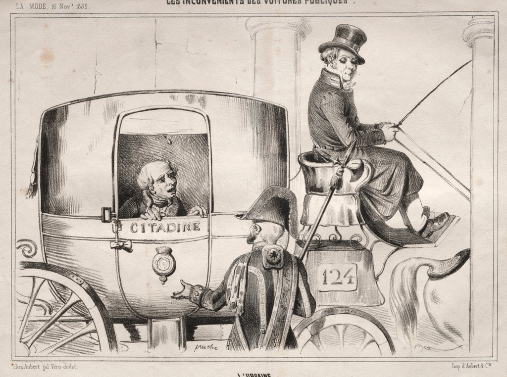 Detail of Actualités: Les Inconvénients des voitures publique: LUrbaine, 1839 by Clémente Pruche
