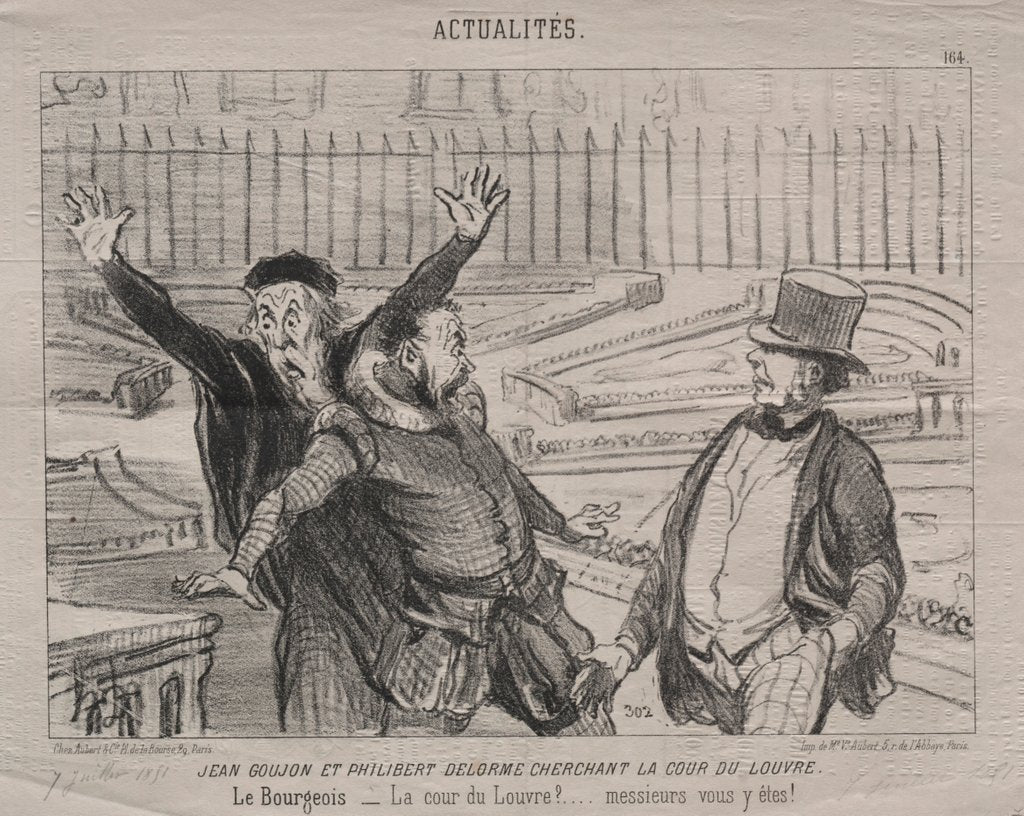 Detail of Actualities: Jean Goujon and Philibert Delorme looking for the courtyard of the Louvre by Honoré Daumier