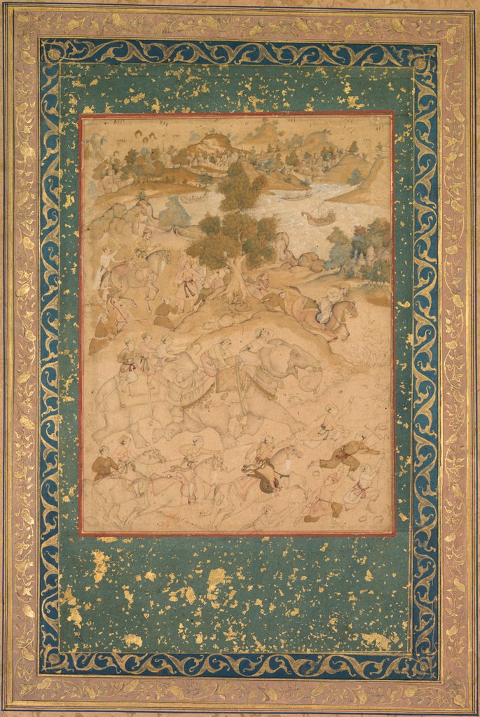 Detail of Akbar supervising the capture of wild elephants at Malwa in 1564, painting 90?, c. 1602-3 by Farukh Chela (attributed to)