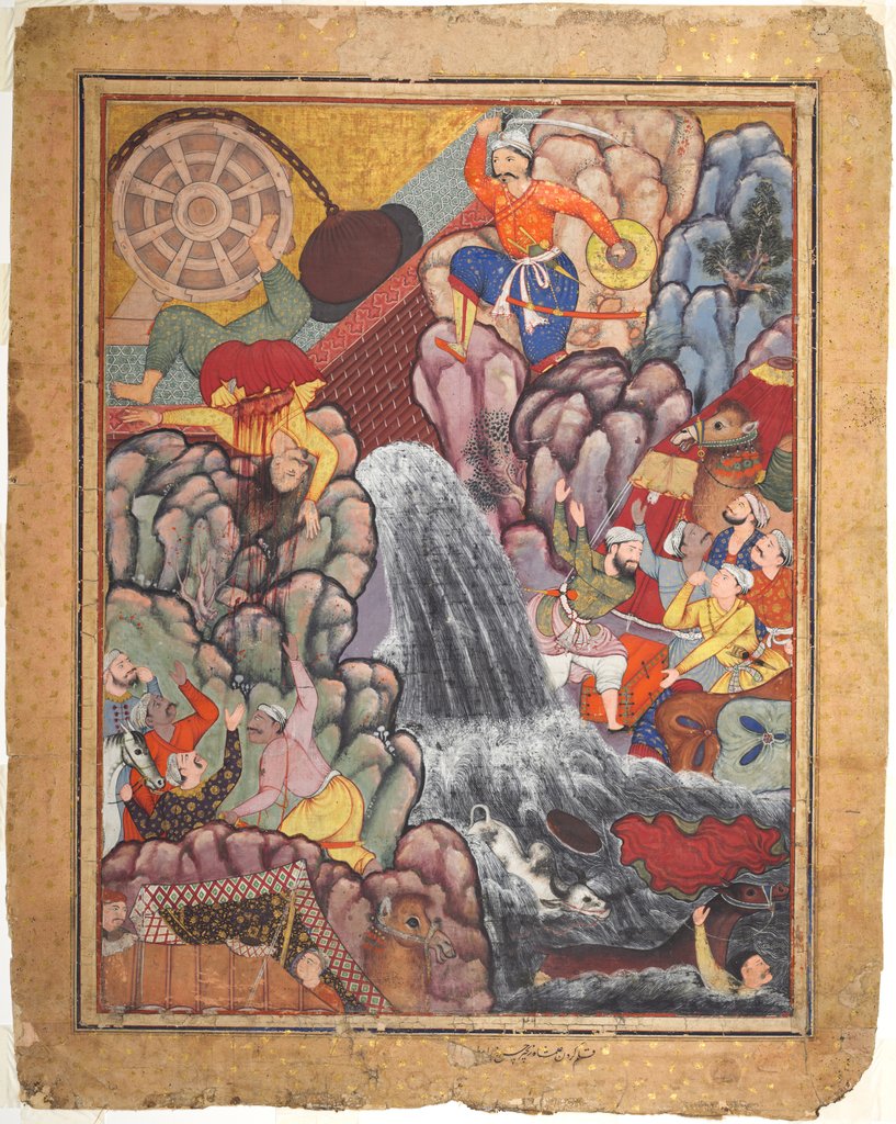 Detail of Alamshah cleaving asunder the chain of the wheel, from volume 11 of a Hamza-nama…, c. 1560s - 1570 by Unknown