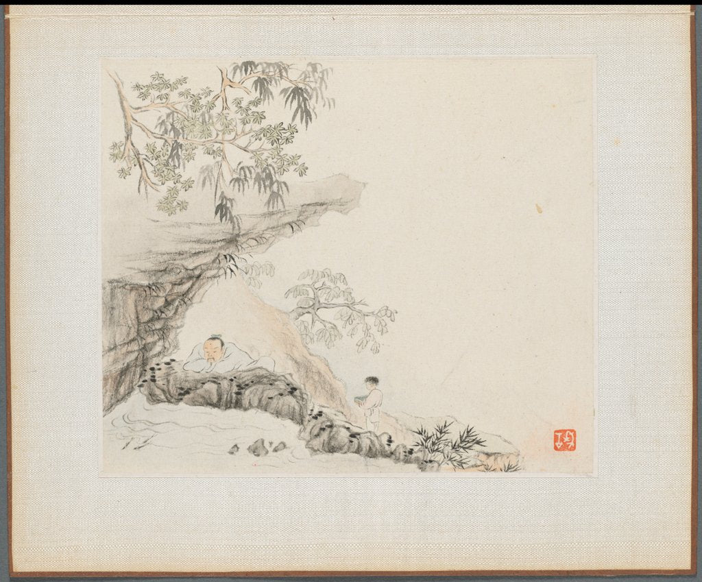 Detail of Album of Landscape Paintings Illustrating Old Poems: A Man Lies under a Rocky Overhang?, 1700s by Hua Yan
