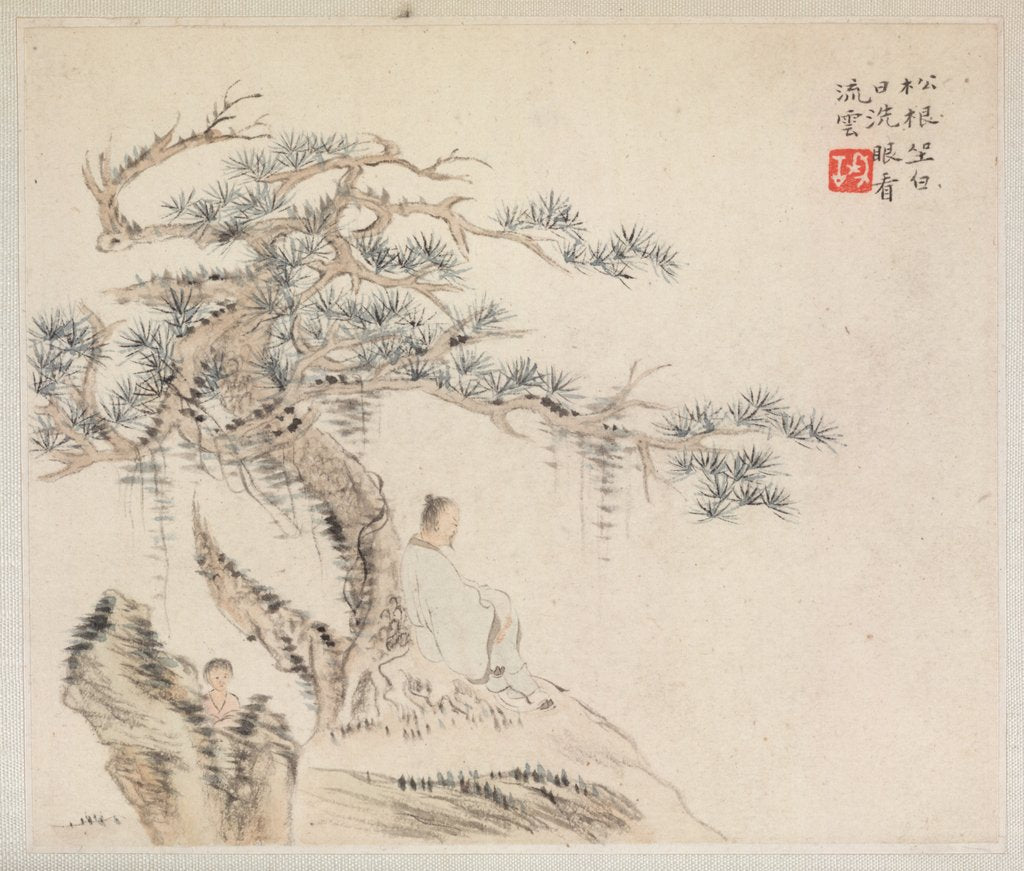 Detail of Album of Landscape Paintings Illustrating Old Poems: An Old Man Sits under a Pine Tree…, 1700s by Hua Yan