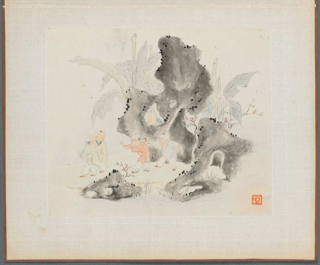Detail of Album of Landscape Paintings Illustrating Old Poems: Children Play in a Rocky Grove, 1700s by Hua Yan