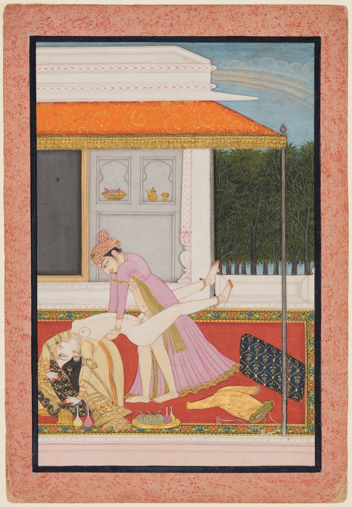 Detail of An amorous couple, probably Raja Mahendra Pal of Basohli with a favorite…c. 1810 by Unknown