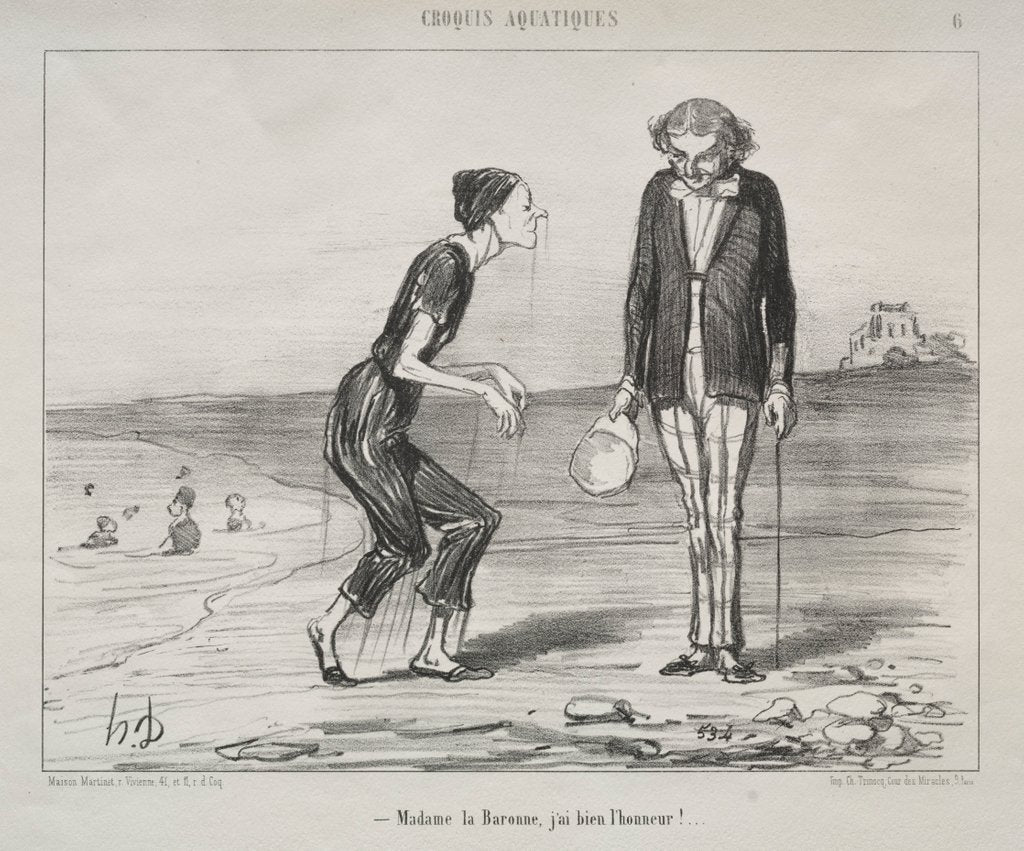 Detail of Aquatic Sketches, plate 8: Madame la Baronne, it is my honor…, 1853 by Honoré Daumier; Ch. Trinocq