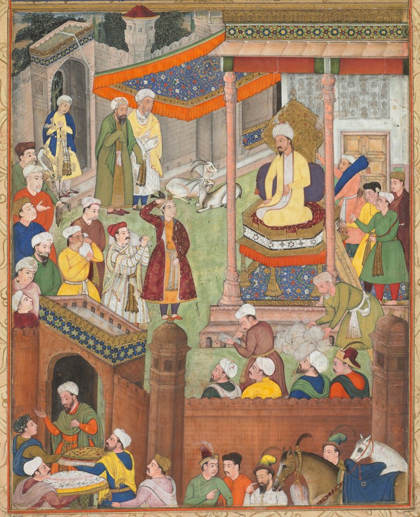 Detail of Babur receives booty and Humayun?s salute after the victory over Sultan Ibrahim…, c. 1596-1597 or by Unknown