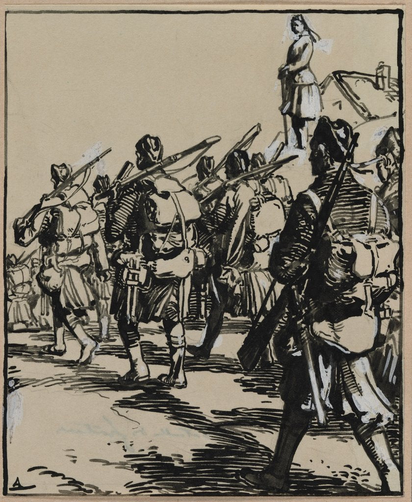 Detail of Bataille des frontières: groupe des soldats britanniques, 1914 by Auguste Louis Lepère