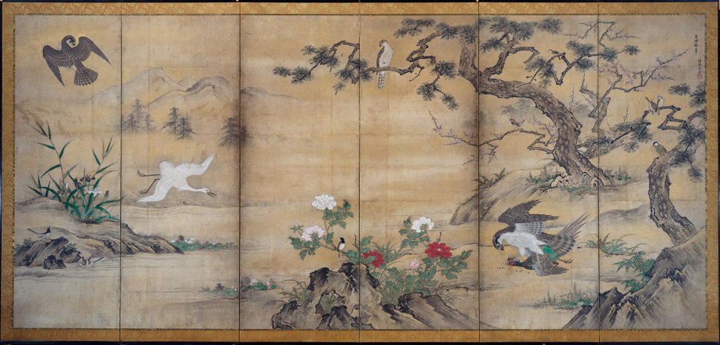 Detail of Birds, Trees, and Flowers, late 1500s by Kano Mitsunobu (attributed to)