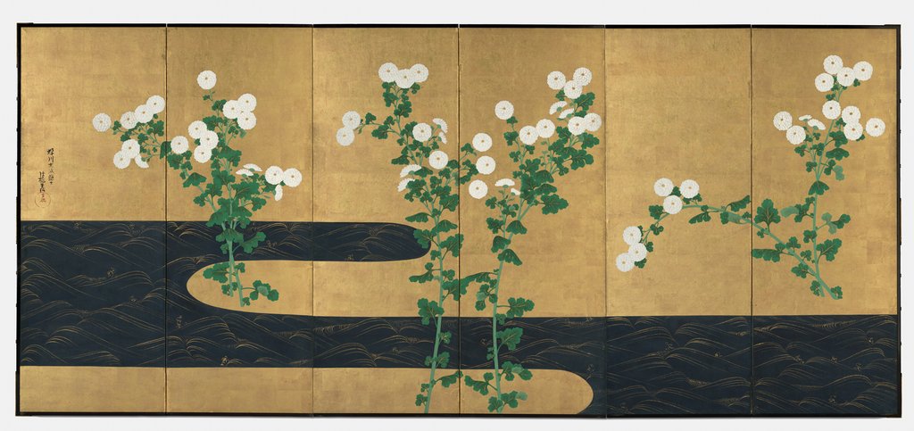 Detail of Chrysanthemums by a Stream, late 1700s-early 1800s by Ogata Korin (follower of)