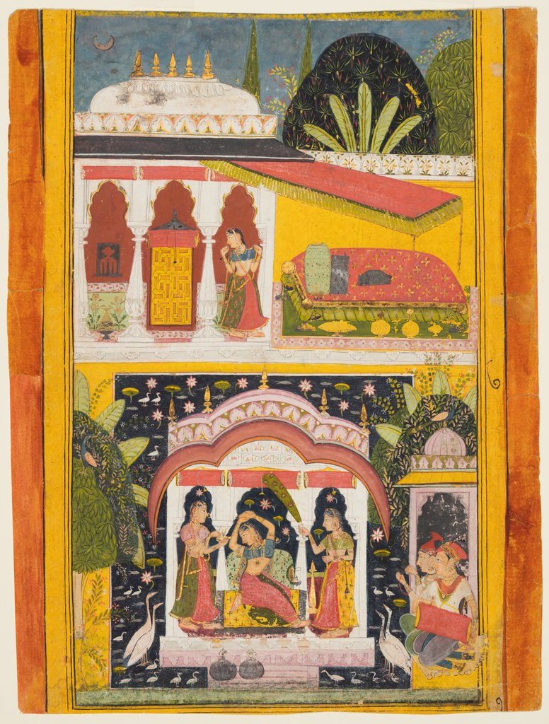 Detail of Desavarari Ragini, from a Ragamala series: A lady and two attendants in a bower in the middle?, c169 by Unknown