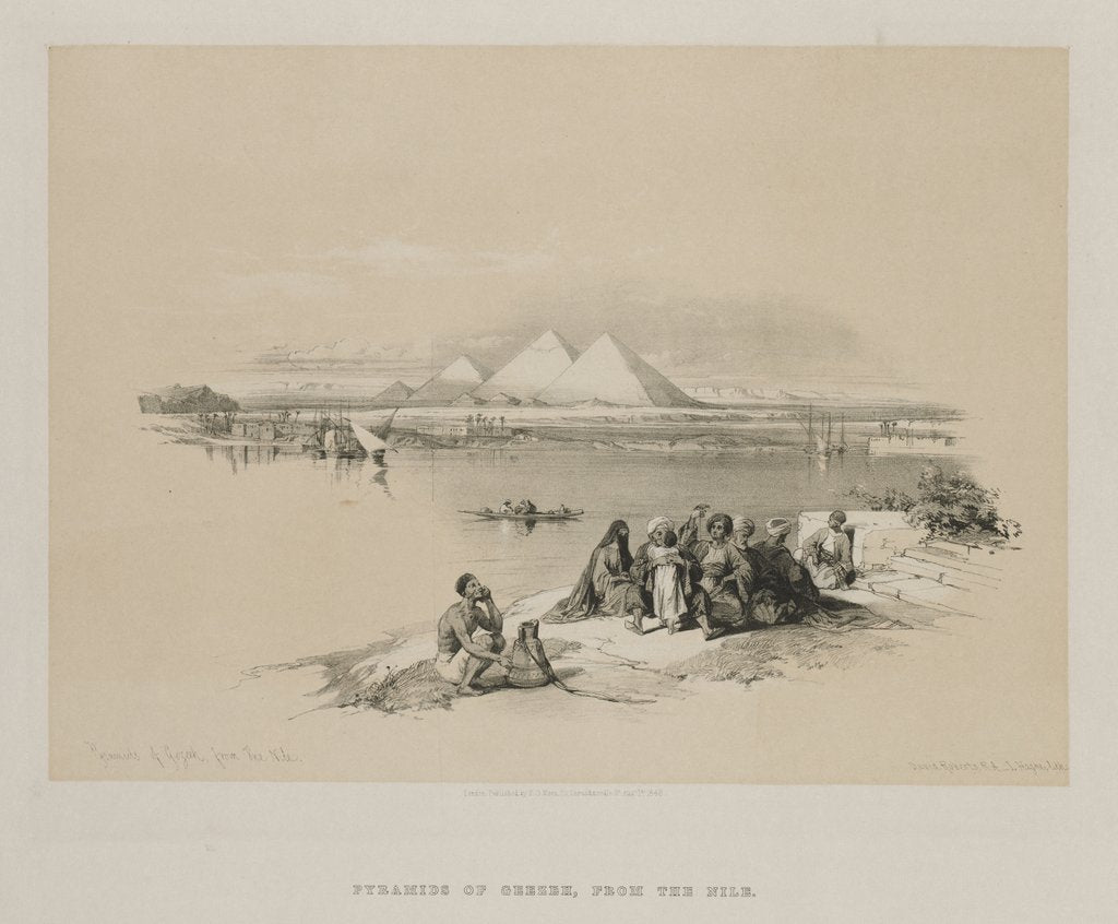 Detail of Egypt and Nubia, Volume I: Pyramids of Geezeh, from the Nile, 1846 by Louis Haghe
