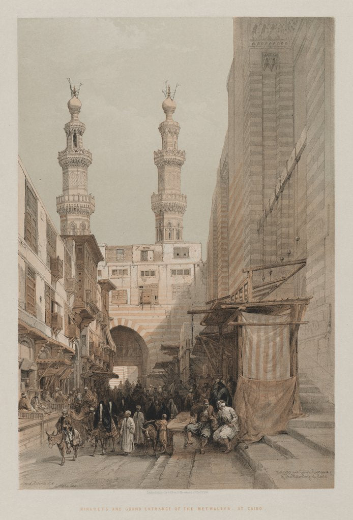 Detail of Egypt and Nubia, Volume III: Minarets, and Grand Entrance of the Metwaleys, at Cairo, 1848 by Louis Haghe