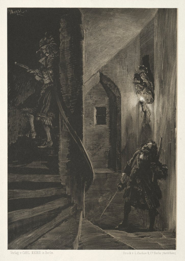 Detail of Essay on Stone with Brush and Scraper: Chase on the Winding Staircase, 1851 by Adolph von Menzel