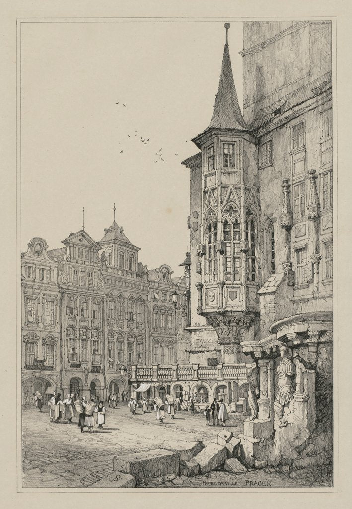 Detail of Facisimilies of Sketches made in Flanders and Germany: Hotel de Ville, Prague, 1833 by Samuel Prout