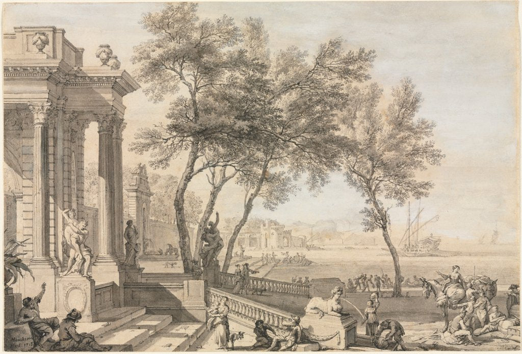 Detail of Fantastic Harbor Scene with Architecture and Figures, 1713 by Isaac de Moucheron