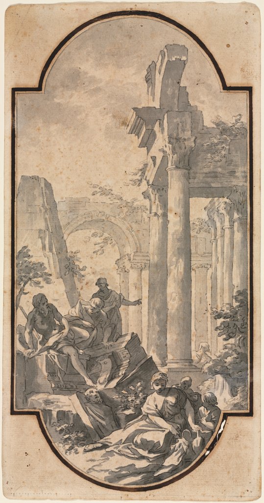 Detail of Figures Near the Ruins of a Corinthian Temple; Fragment of an Arch (ver by Andrea Locatelli