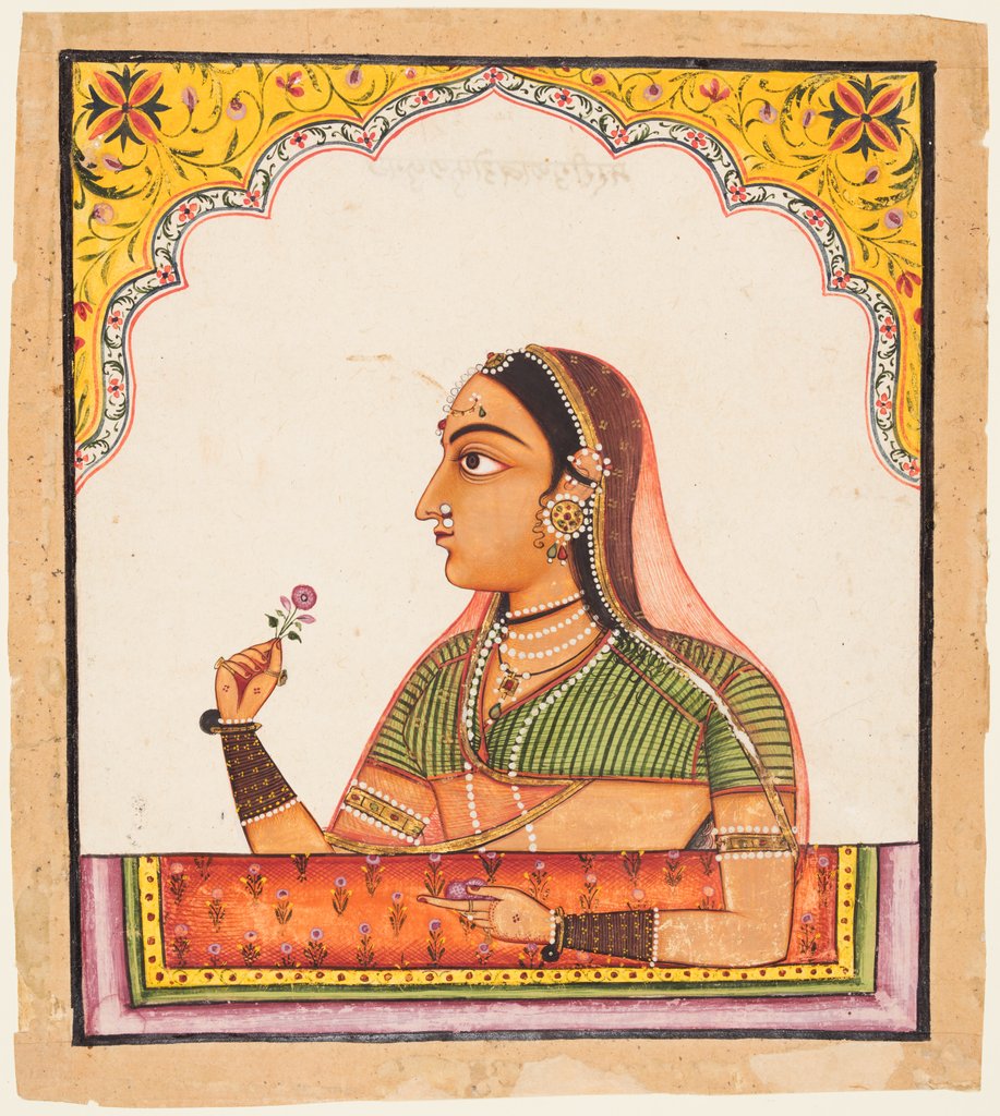 Detail of From a series of female portraits: A lady at a jharoka window holding a rose, c. 1730 by Unknown