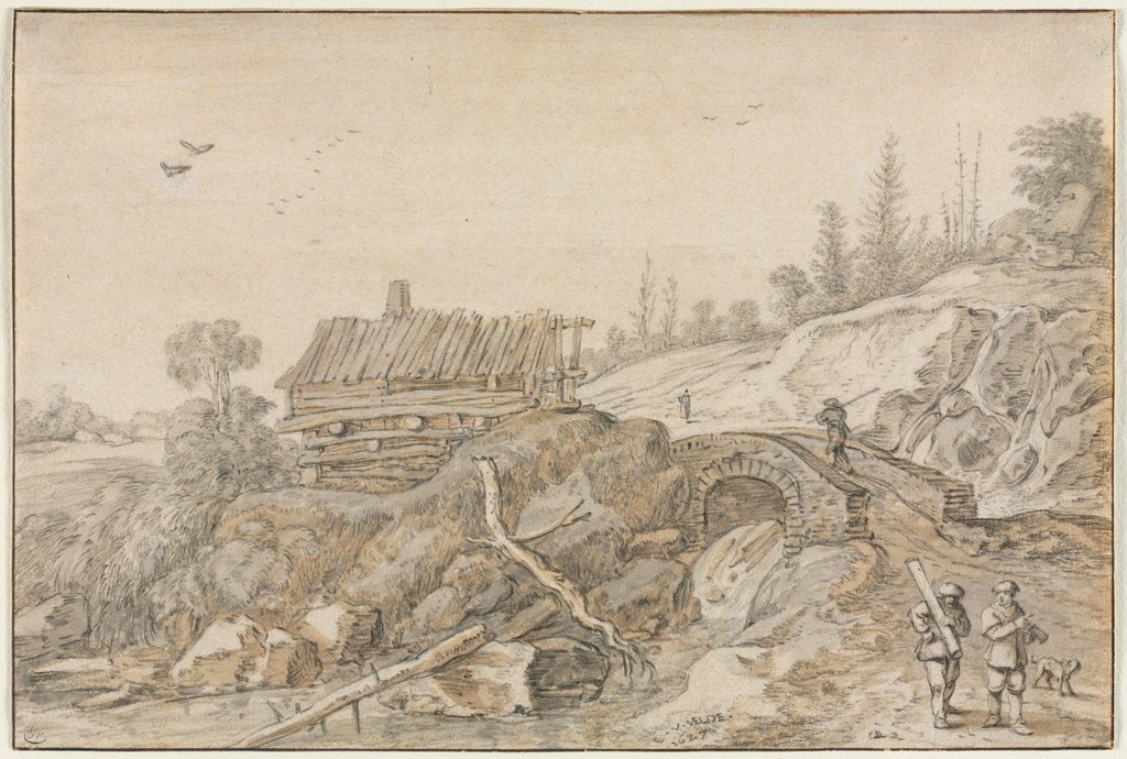 Detail of Hilly Landscape with Hut Beside a Stream, 1627 by van de Velde Esaias