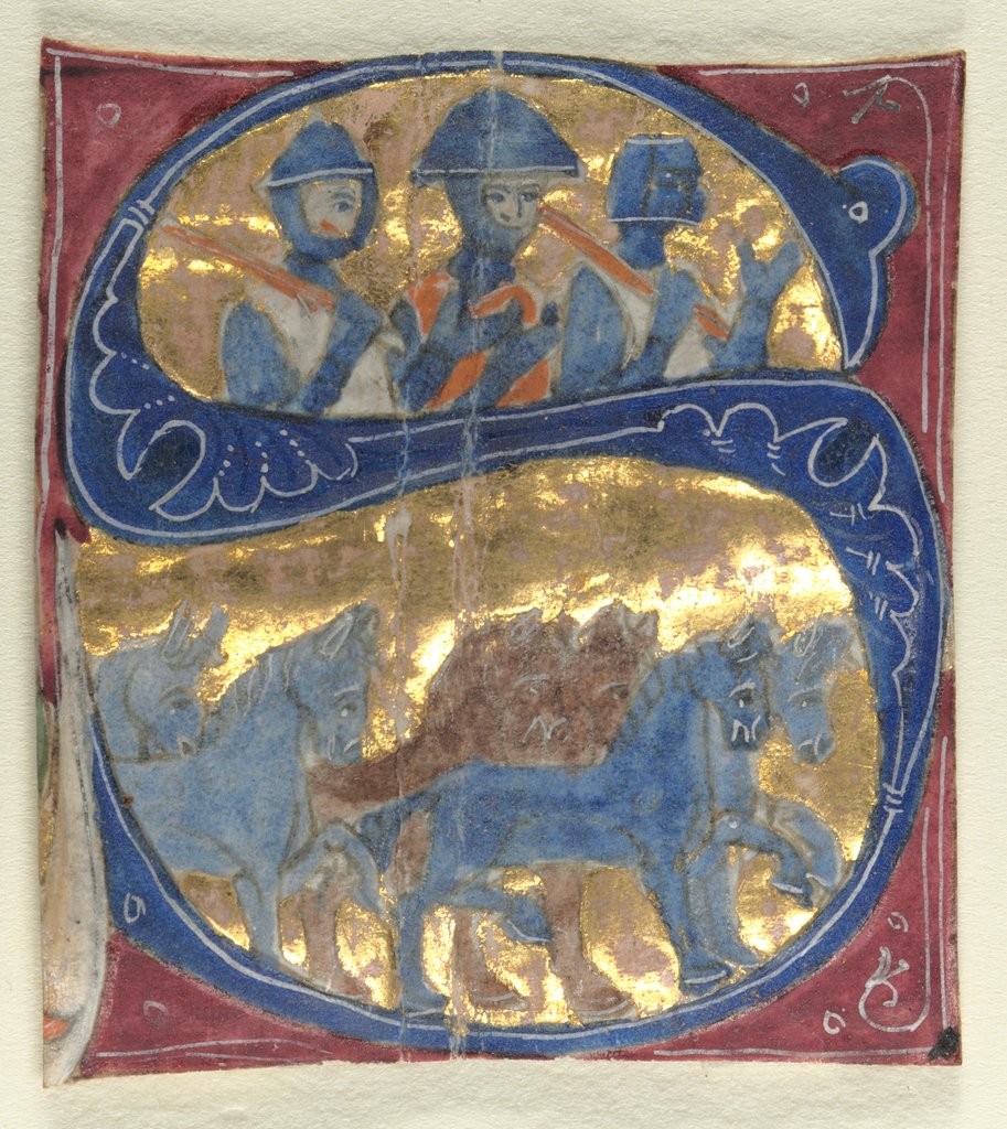 Detail of Historiated Initial Excised from a Bible: Soldiers and Horses, 1200s by Unknown