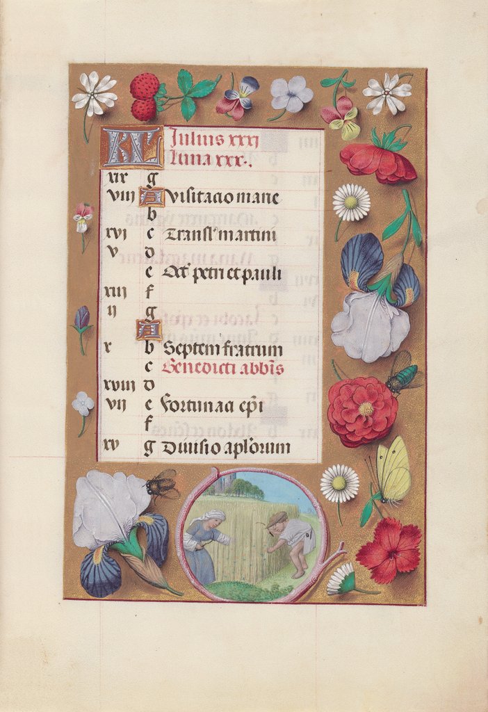 Detail of Hours of Queen Isabella the Catholic, Queen of Spain: Fol. 8r, July - Harvesting Wheat, c. 1500 by Master of the First Prayerbook of Maximillian