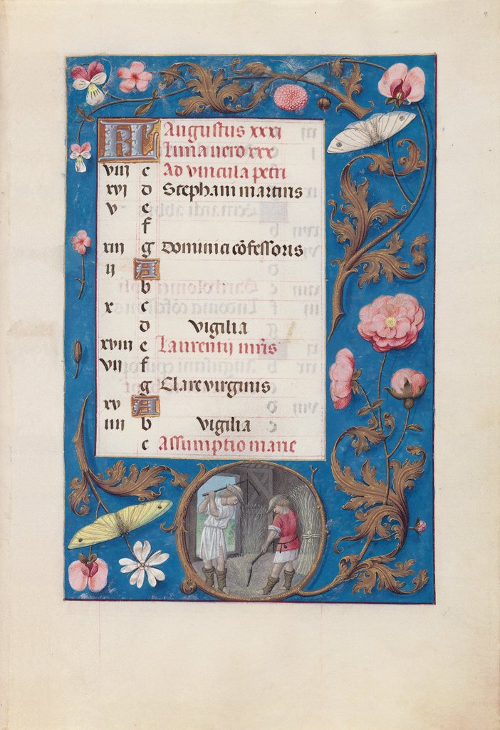 Detail of Hours of Queen Isabella the Catholic, Queen of Spain: Fol. 9r, August - Threshing Wheat, c. 1500 by Master of the First Prayerbook of Maximillian