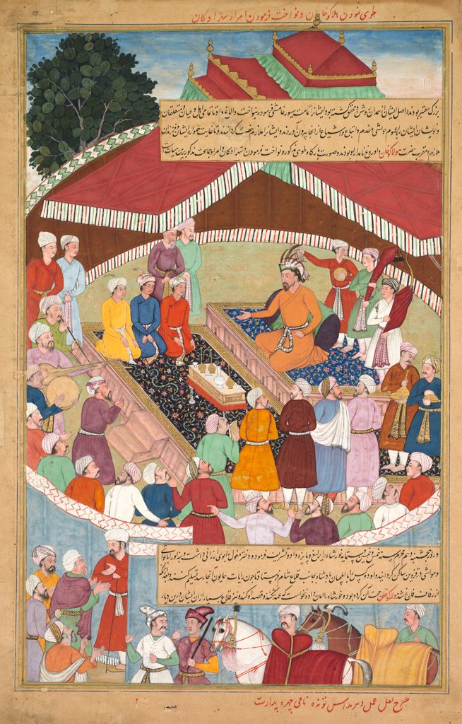 Detail of Hulagu Khan giving a feast and dispensing favor upon the amirs and princes…, c. 1596-1600 by Lal; Dharam Das; Padarath