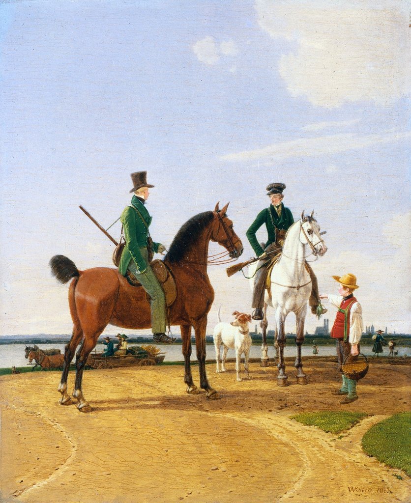 Detail of Hunter and Lord at the River Isar with View of Munich, 1823 by Wilhelm von Kobell