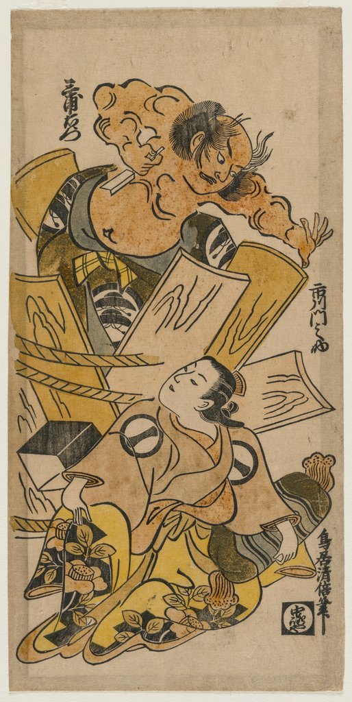 Detail of Ichikawa Monnosuke as a Courtesan and Nakajima Mioemon Bursting Out of a Barrel, c.early 1720s by Torii Kiyomasu
