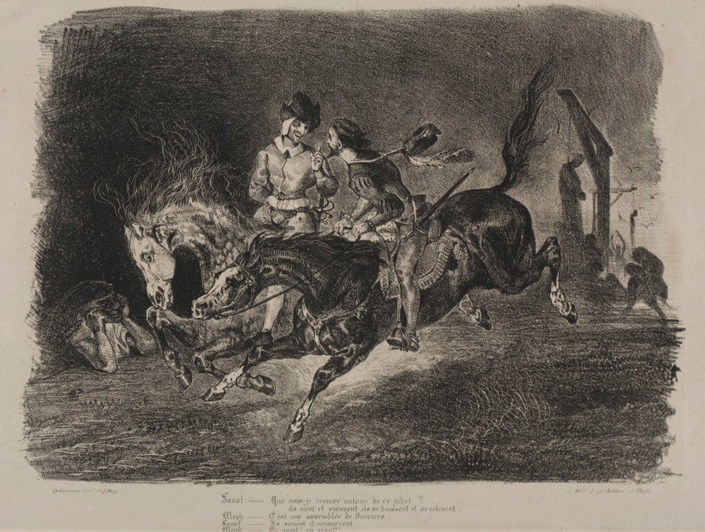 Detail of Illustrations for Faust: Faust and Méphistophélés horse riding on the Sabbath, 1828 by Eugène Delacroi
