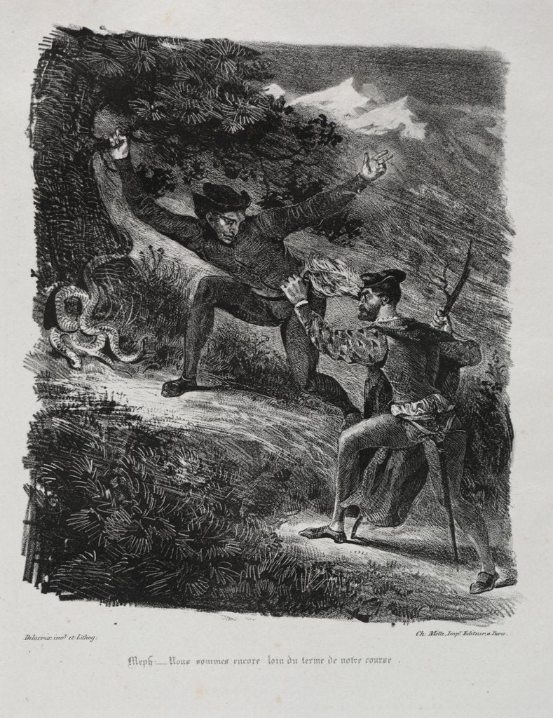 Detail of Illustrations for Faust: Faust and Méphistophélés in the mountains of the Hartz, 1828 by Eugène Delacroi