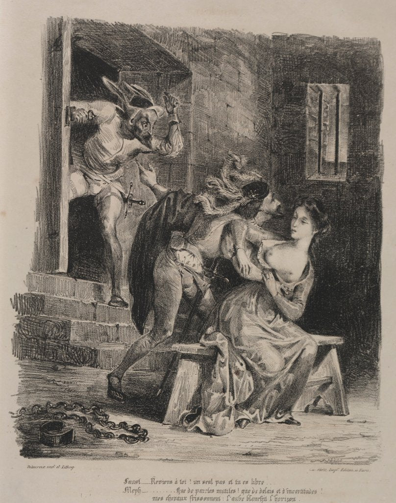 Detail of Illustrations for Faust: Faust in the prison of Marguerite, 1828 by Eugène Delacroi