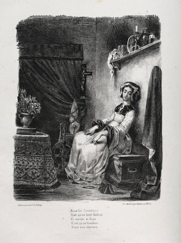 Detail of Illustrations for Faust: Marguerite with the wheel, 1828 by Eugène Delacroi