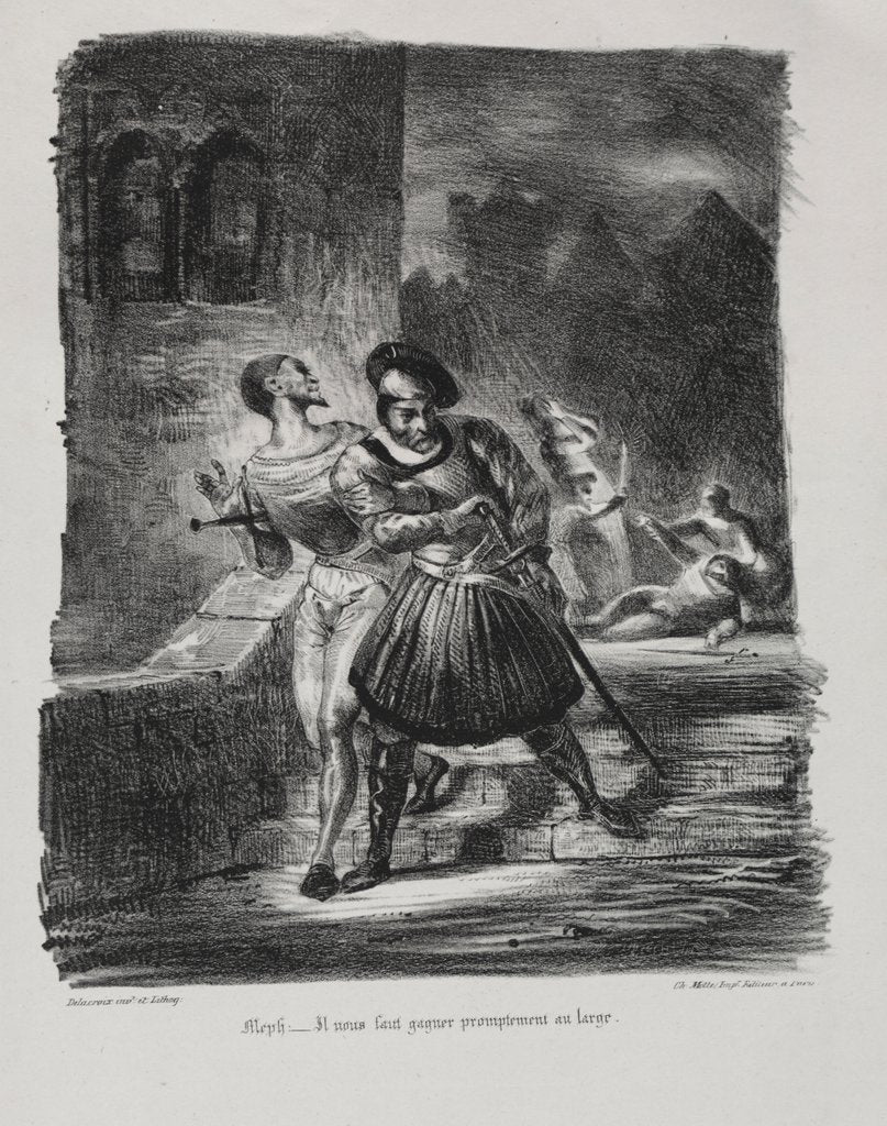 Detail of Illustrations for Faust: Méphistophélés and Faust flee after the duel, 1828 by Eugène Delacroi