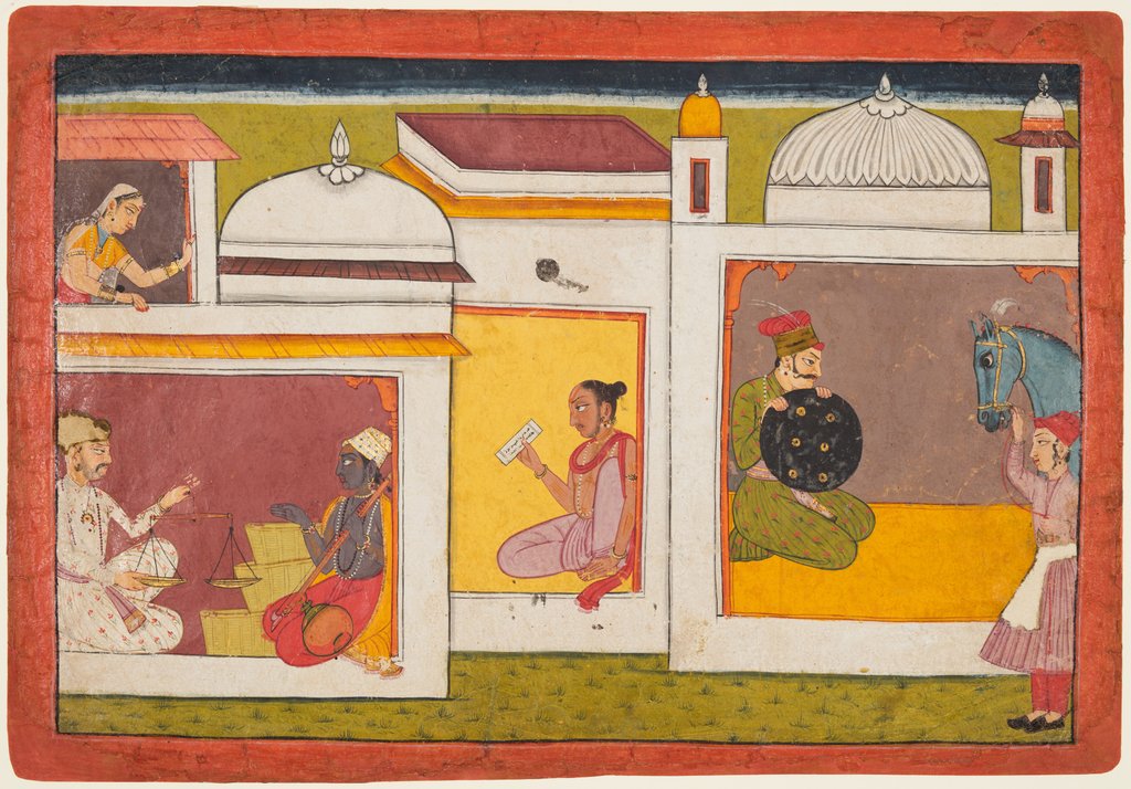 Detail of Inside a building, Madhava sits facing a man holding a scale, from a Madhavanala…, c. 1700 by Unknown