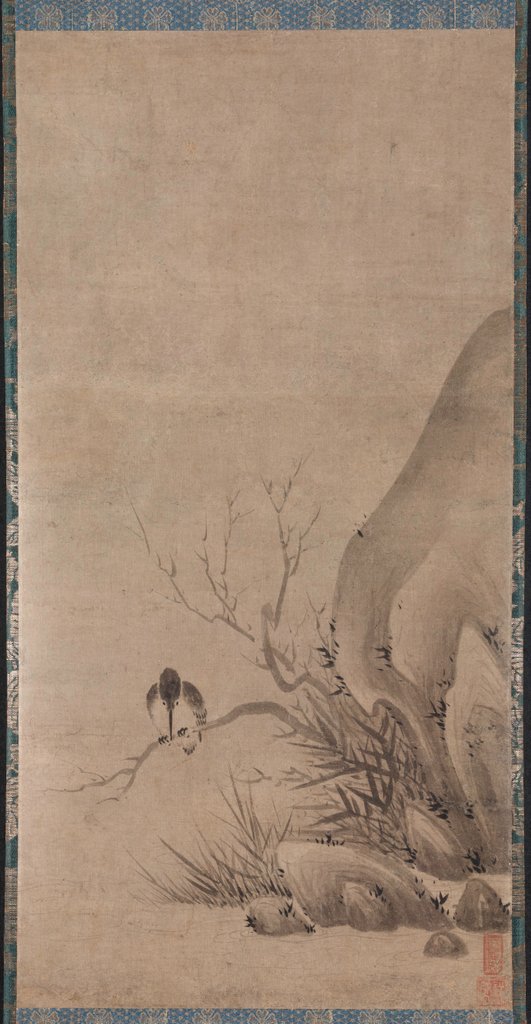 Detail of Kingfisher Perched above a Stream, late 1400s by Kenk? Sh?kei