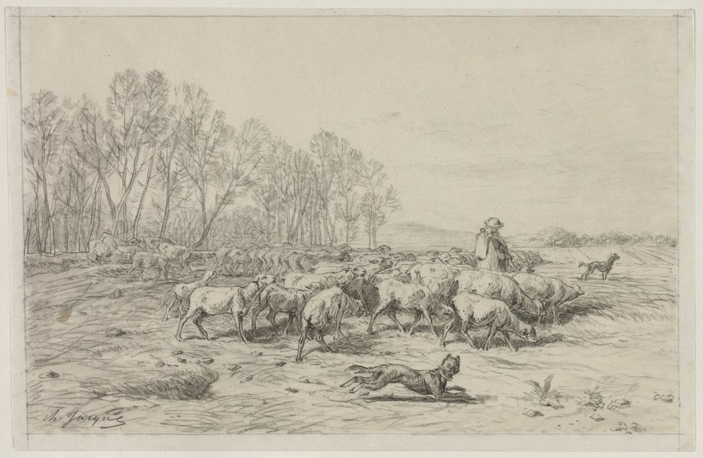 Detail of Landscape with a Flock of Sheep, 1800s by Charles-Émile Jacque