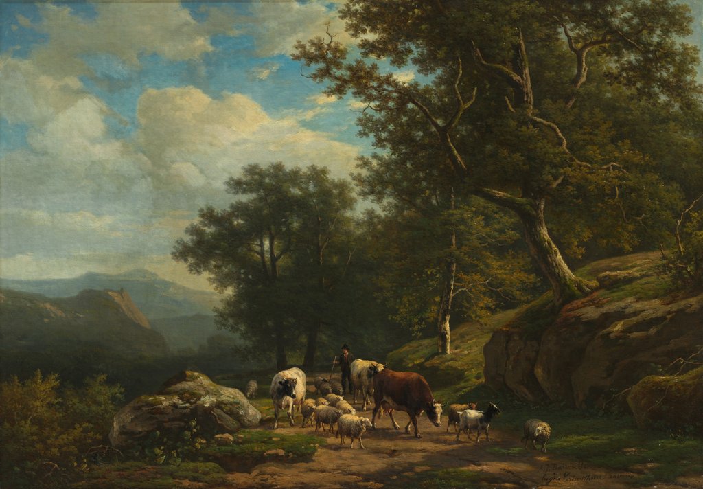 Detail of Landscape with a Peasant and His Flock, c. 1850 - 1859 by Alexander Joseph Daiwaille; Eugène Joseph Verboeckhoven