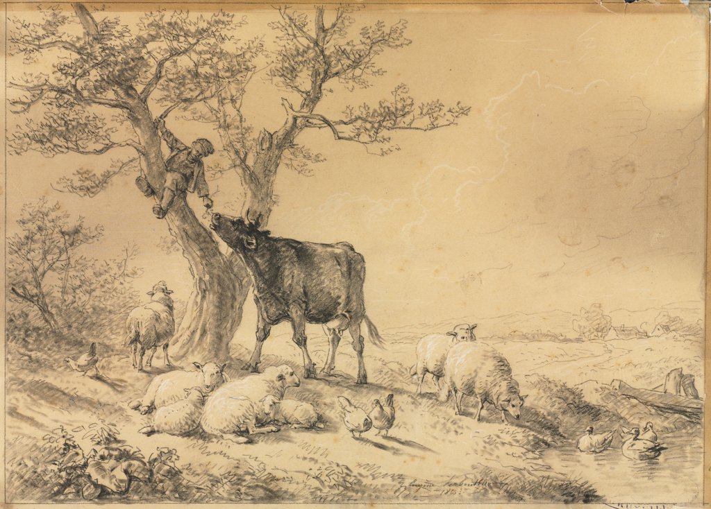 Detail of Landscape with Animals and Boy in Tree, 1866 by Eugène Joseph Verboeckhoven