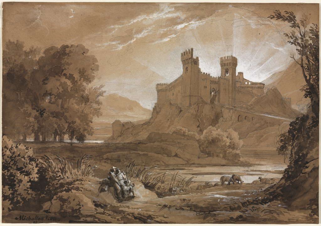 Detail of Landscape with Castle and Shepherds, 1814 by Achille Etna Michallon